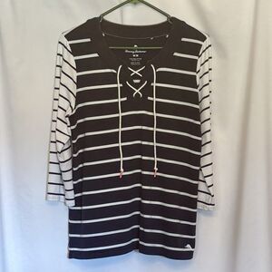 Tommy Bahama Women’s Top Navy & White  Striped Lace Up 3/4 Sleeve Size Medium
